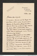 Nachlass Franz Steindachner, Brief von Hans Friedrich Gadow an Franz Steindachner (14.12.1909), Inv.Nr. 148.02, Seite 1